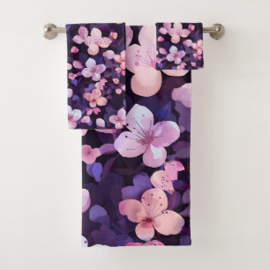 Hand painted purple cherry blossoms bath towel set