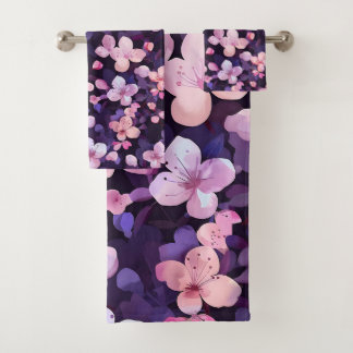 Hand painted purple cherry blossoms bath towel set
