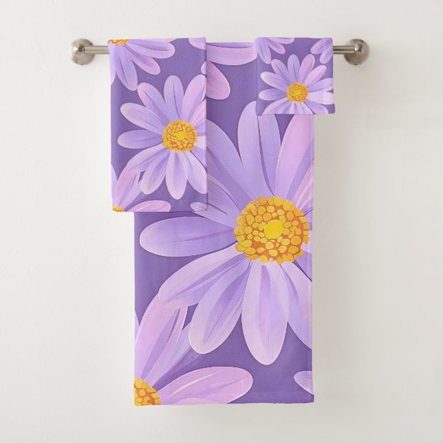 Hand painted purple daisy flowers bath towel set (Insitu)