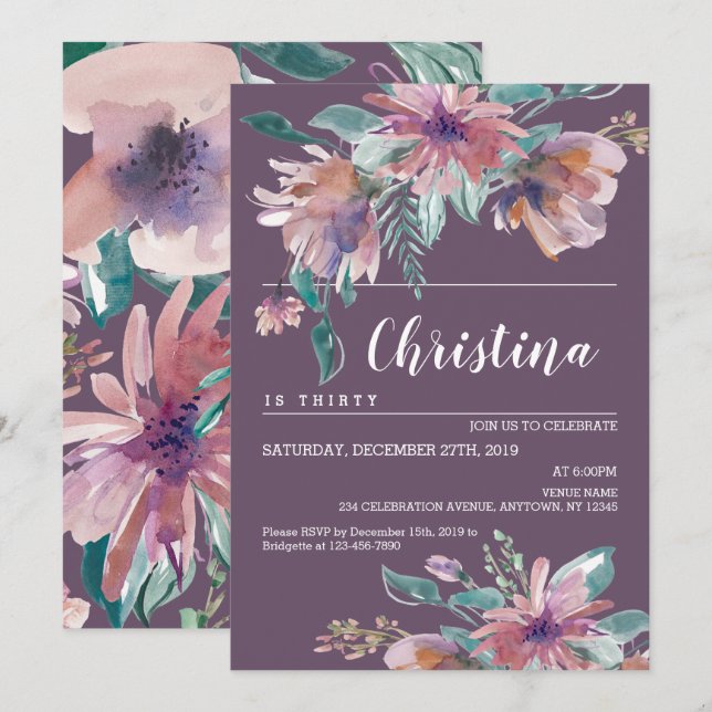 Hand painted Purple Floral Grandma Birthday Party Invitation (Front/Back)