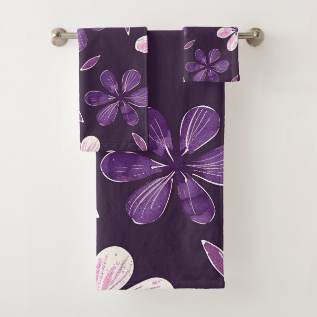 Hand painted purple flowers bath towel set (Insitu)