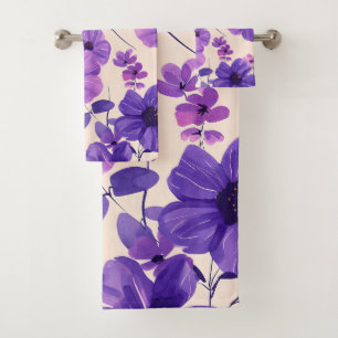Hand painted purple flowers bath towel set