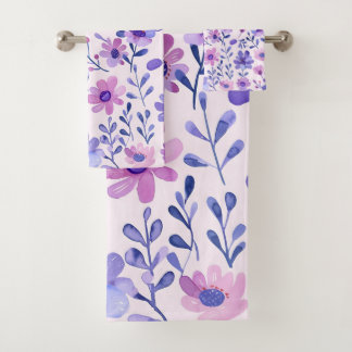 Hand painted purple flowers bath towel set