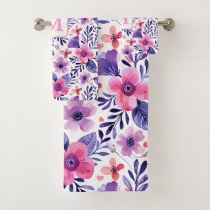 Hand painted purple flowers personalised monogram  bath towel set