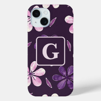 Hand painted purple flowers personalised monogram  iPhone 15 case