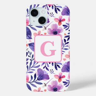 Hand painted purple flowers personalised monogram iPhone 15 case