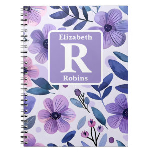 Hand painted purple flowers personalised monogram notebook