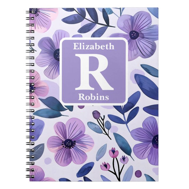 Hand painted purple flowers personalised monogram  notebook (Front)