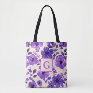 Hand painted purple flowers personalised monogram  tote bag