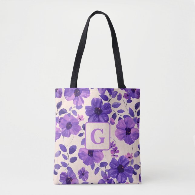 Hand painted purple flowers personalised monogram  tote bag (Front)