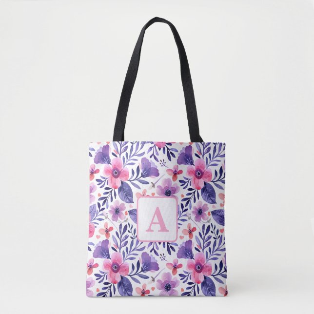 Hand painted purple flowers personalised monogram  tote bag (Front)