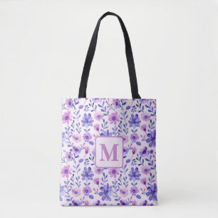 Hand painted purple flowers personalised monogram  tote bag
