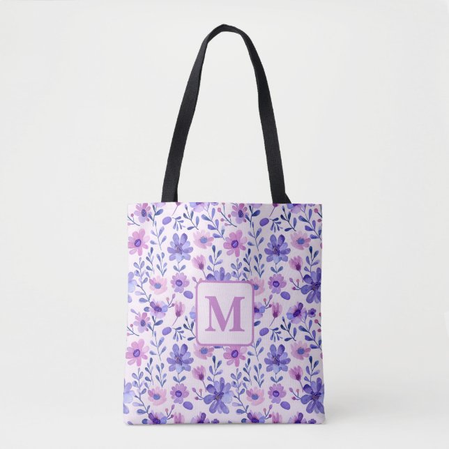 Hand painted purple flowers personalised monogram  tote bag (Front)