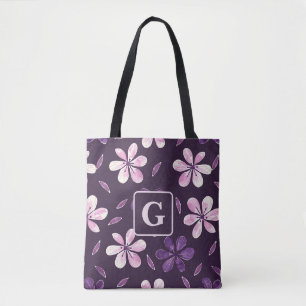 Hand painted purple flowers personalised monogram  tote bag