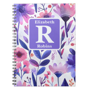 Hand painted purple flowers personalized monogram  notebook