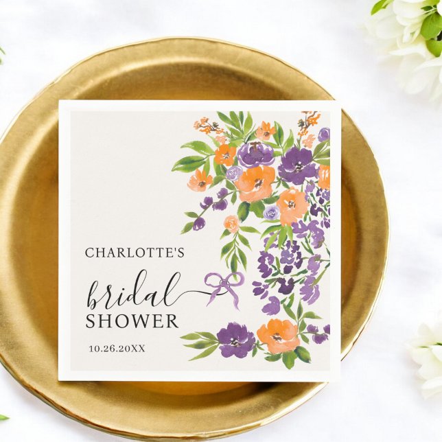 Hand Painted Purple Orange Floral Bridal Shower Napkin (Hand Painted Purple Orange Floral Bridal Shower Napkins)