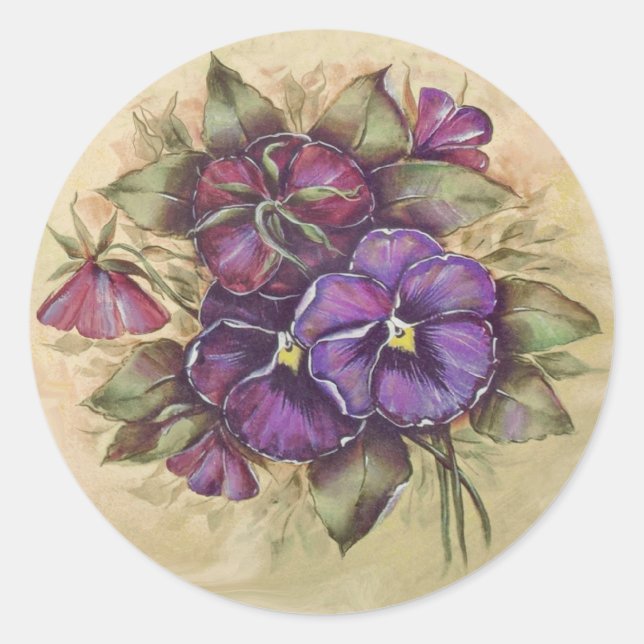 Hand Painted Purple Pansies Classic Round Sticker (Front)