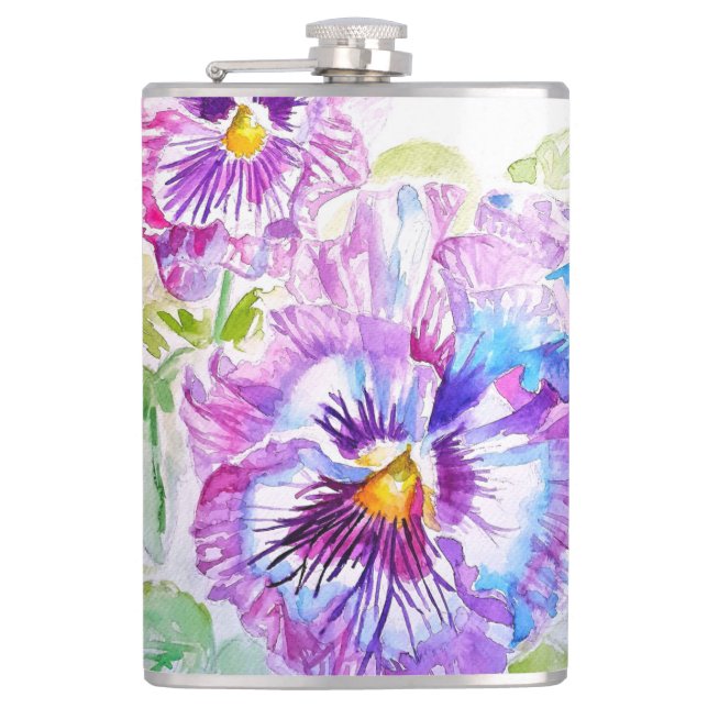 Hand Painted Purple Pansy Pansies floral Hip Flask (Front)