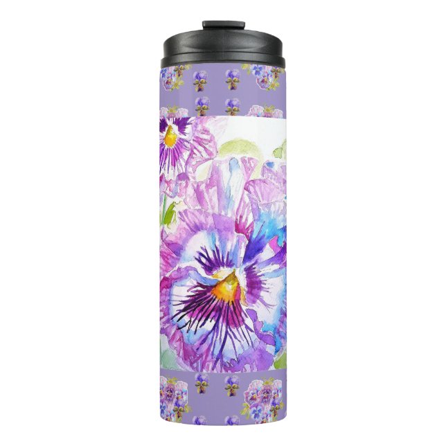Hand Painted Purple Pansy Pansies floral Thermal Tumbler (Front)