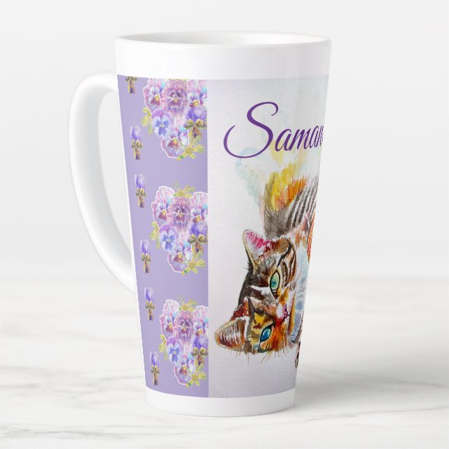 Hand Painted Purple Tabby Cat Cats Latte Mug Girls (Left Angle)