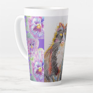 Hand Painted Purple Tuxedo Cat floral Latte Mug