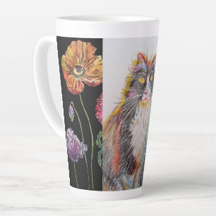 Hand Painted Purple Tuxedo Cat floral Latte Mug