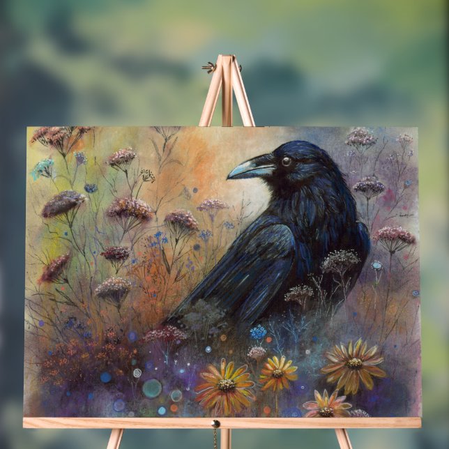 Hand Painted Raven with Wildflowers Acrylic Sign (Neutral)