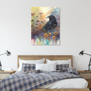 Hand Painted Raven with Wildflowers Canvas Print