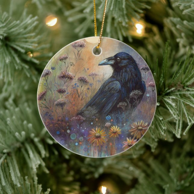 Hand Painted Raven with Wildflowers Ceramic Tree Decoration (Tree)