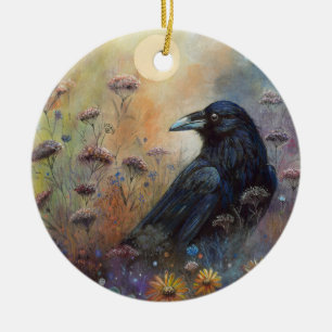 Hand Painted Raven with Wildflowers Ceramic Tree Decoration
