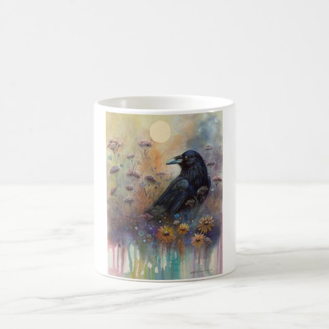 Hand Painted Raven with Wildflowers Coffee Mug (Center)
