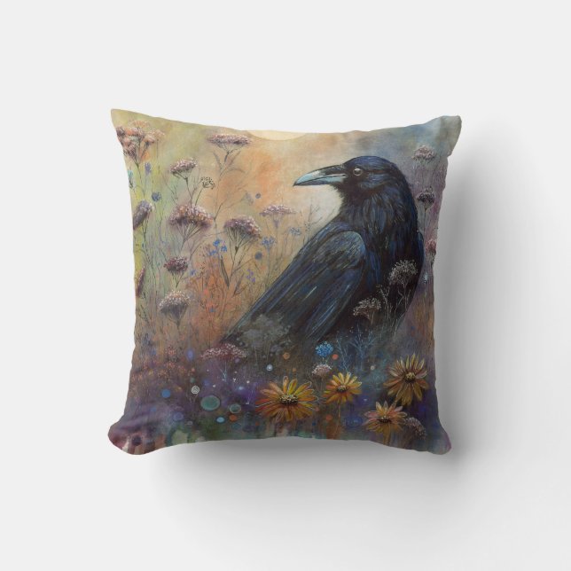 Hand Painted Raven with Wildflowers Cushion (Front)