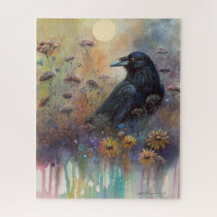 Hand Painted Raven with Wildflowers Jigsaw Puzzle
