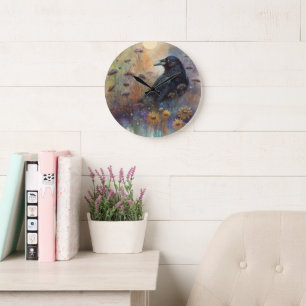 Hand Painted Raven with Wildflowers Large Clock