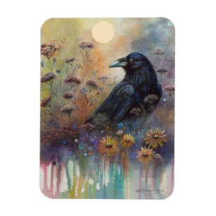 Hand Painted Raven with Wildflowers Magnet