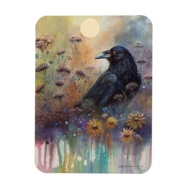 Hand Painted Raven with Wildflowers Magnet (Vertical)
