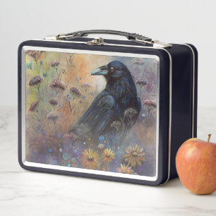 Hand Painted Raven with Wildflowers Metal Lunch Box