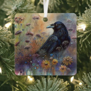 Hand Painted Raven with Wildflowers Metal Tree Decoration