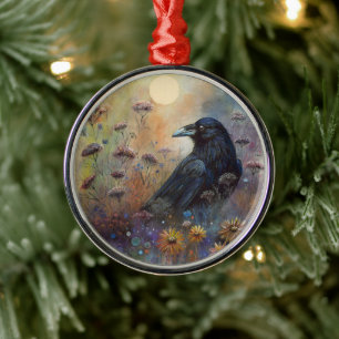 Hand Painted Raven with Wildflowers Metal Tree Decoration