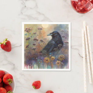 Hand Painted Raven with Wildflowers Napkin