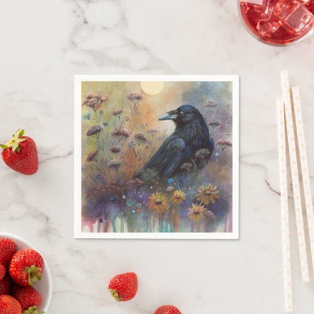 Hand Painted Raven with Wildflowers Napkin (Insitu)