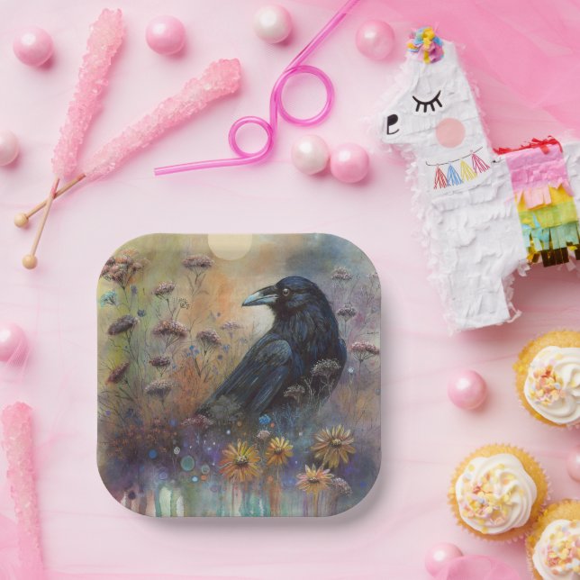 Hand Painted Raven with Wildflowers Paper Plate (Party)