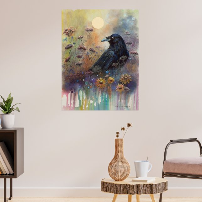 Hand Painted Raven with Wildflowers Poster (Living Room 3)