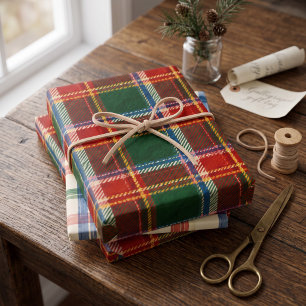 Hand-Painted Red and Green Christmas Tartan Wrapping Paper Sheet