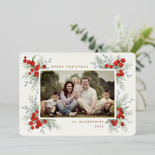 Hand Painted Red Berries Christmas Photo Foil Holiday Card