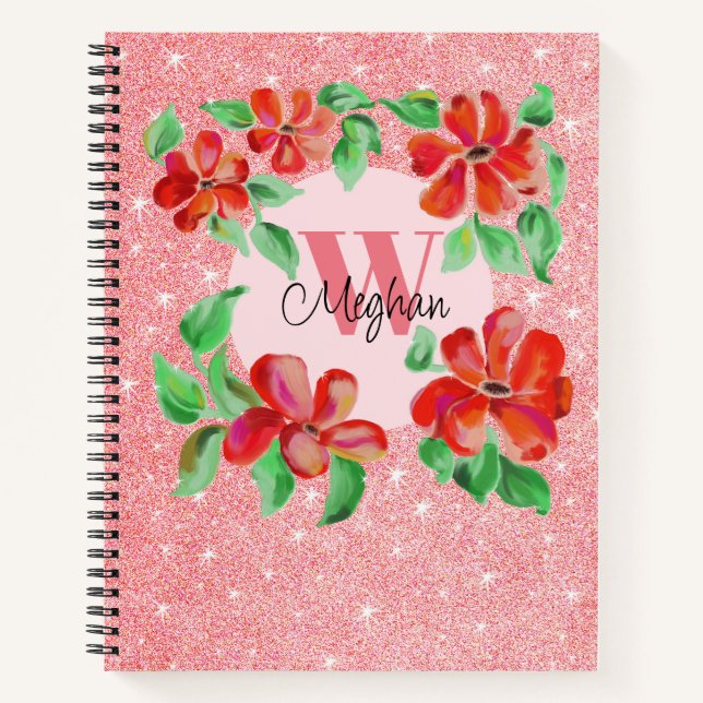 Hand-painted Red Flowers Monogram Pink Glitter Notebook (Front)