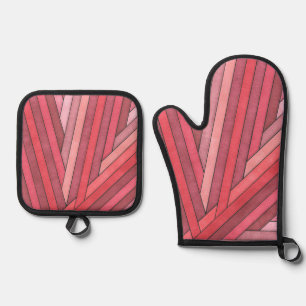 Hand Painted Red Geometric Stripe Design Oven Mitt & Pot Holder Set