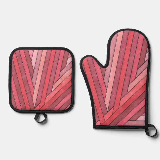 Hand Painted Red Geometric Stripe Design Oven Mitt & Pot Holder Set (Front)