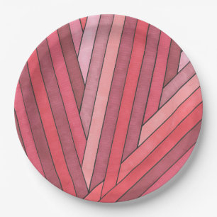 Hand Painted Red Geometric Stripe Design Paper Plate