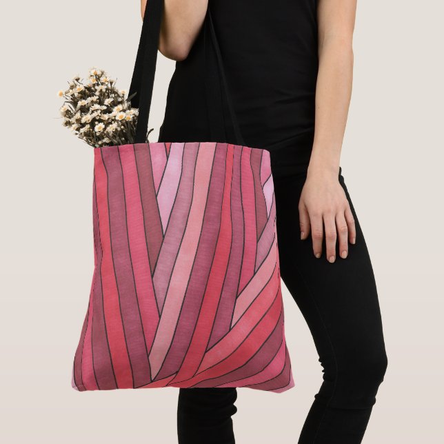 Hand Painted Red Geometric Stripe Design Tote Bag (Close Up)